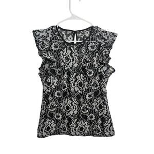 WHBM Lace High Neck Top Womens Flutter Sleeve Black/White Size 4 Small